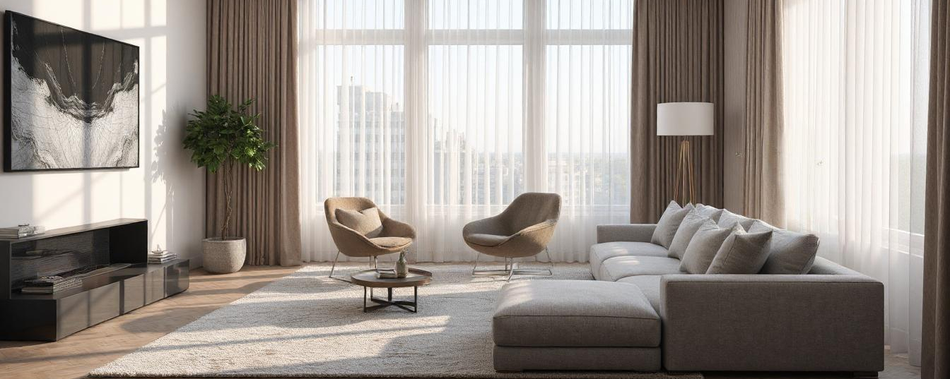 Wide interior photo showing modern window treatments in a bright New Zealand home