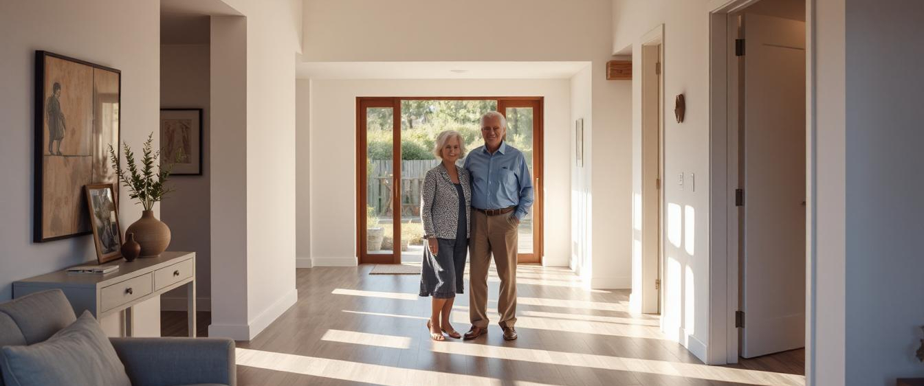 Wide interior view of a modern home entryway and living space designed for accessibility and safety