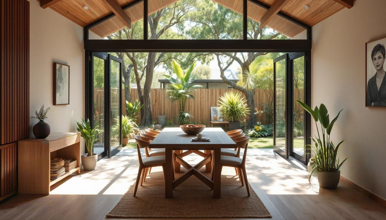 Wide living area opening to a lush outdoor garden through sliding glass doors - natural materials, indoor plants, and soft earth tones.
