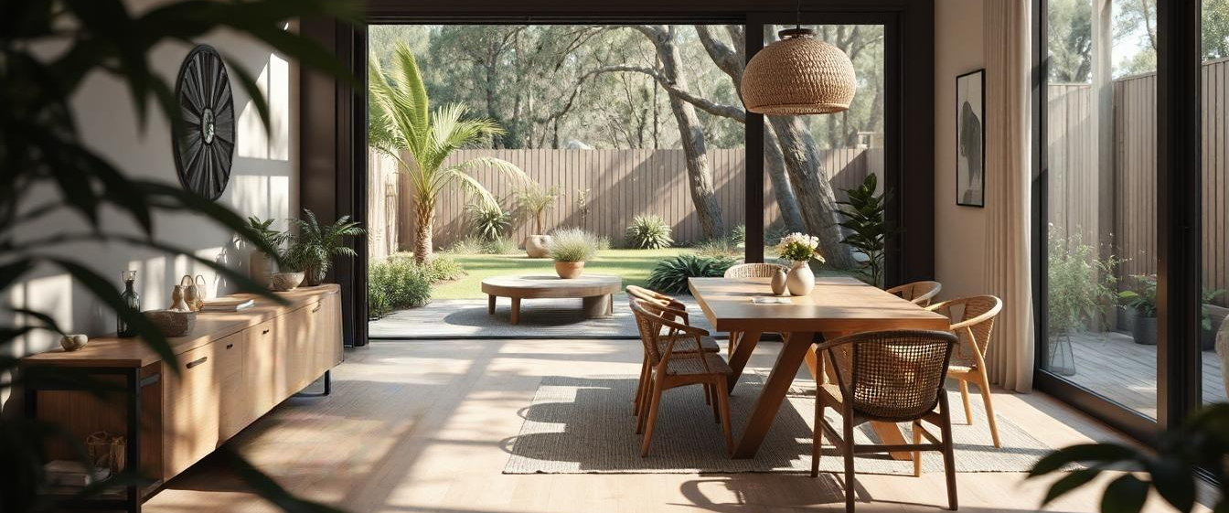 Wide living area opening to a lush outdoor garden through sliding glass doors - natural materials, indoor plants, and soft earth tones.