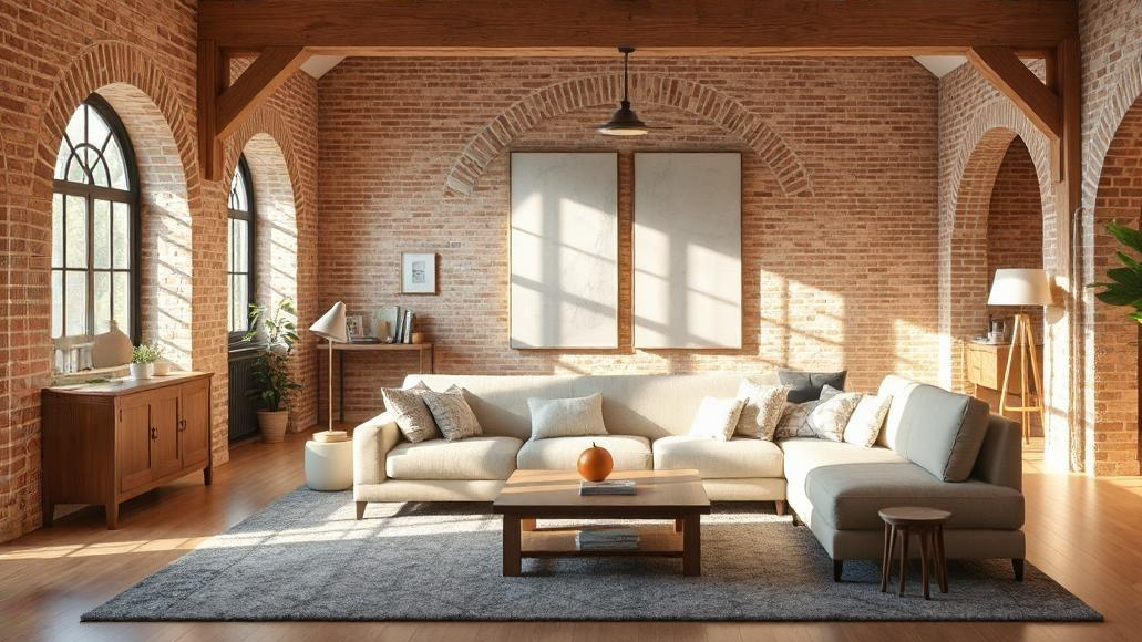 Wide interior view of a New Zealand home featuring original architectural elements such as beams, brickwork, or trims highlighted through lighting and modern styling.