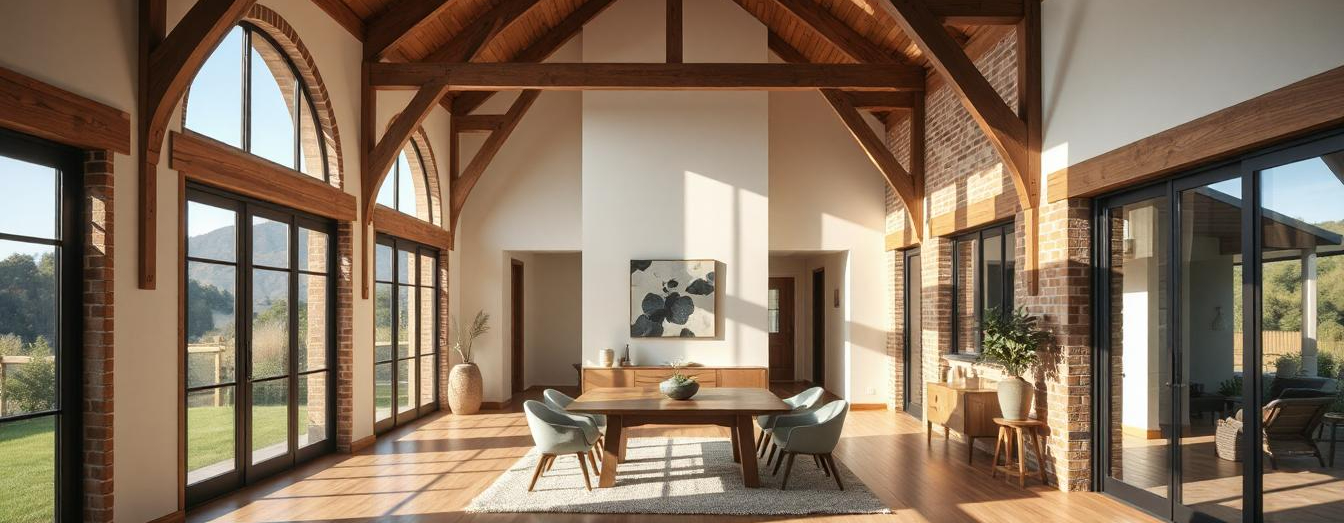 Wide interior view of a New Zealand home featuring original architectural elements such as beams, brickwork, or trims highlighted through lighting and modern styling.