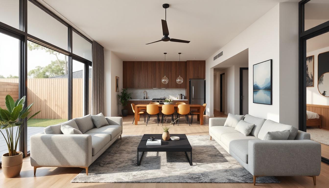 Wide view of a modern New Zealand home interior showcasing natural light, energy-efficient design elements, and comfortable living spaces.