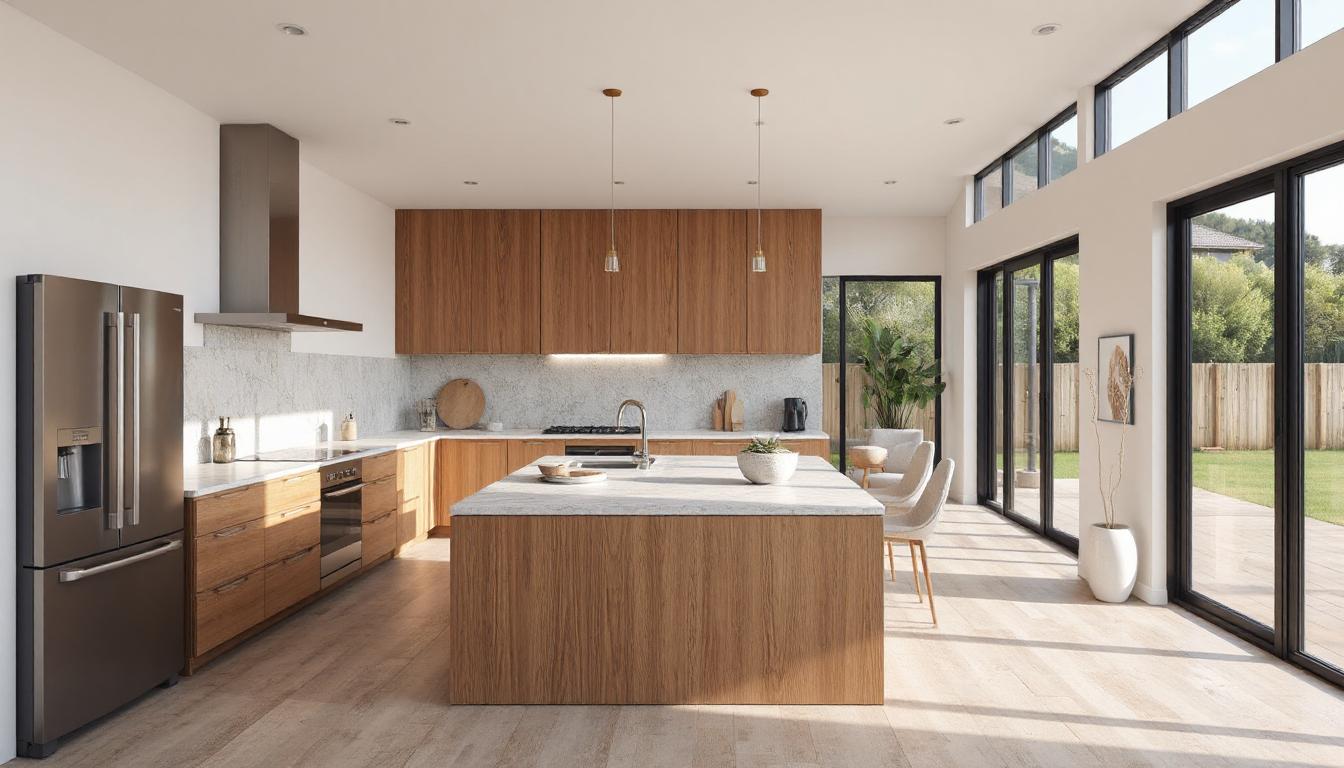 Modern sustainable kitchen with energy-efficient appliances, natural materials, and warm lighting in a New Zealand home