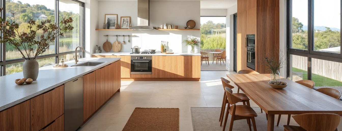 Modern sustainable kitchen with energy-efficient appliances, natural materials, and warm lighting in a New Zealand home