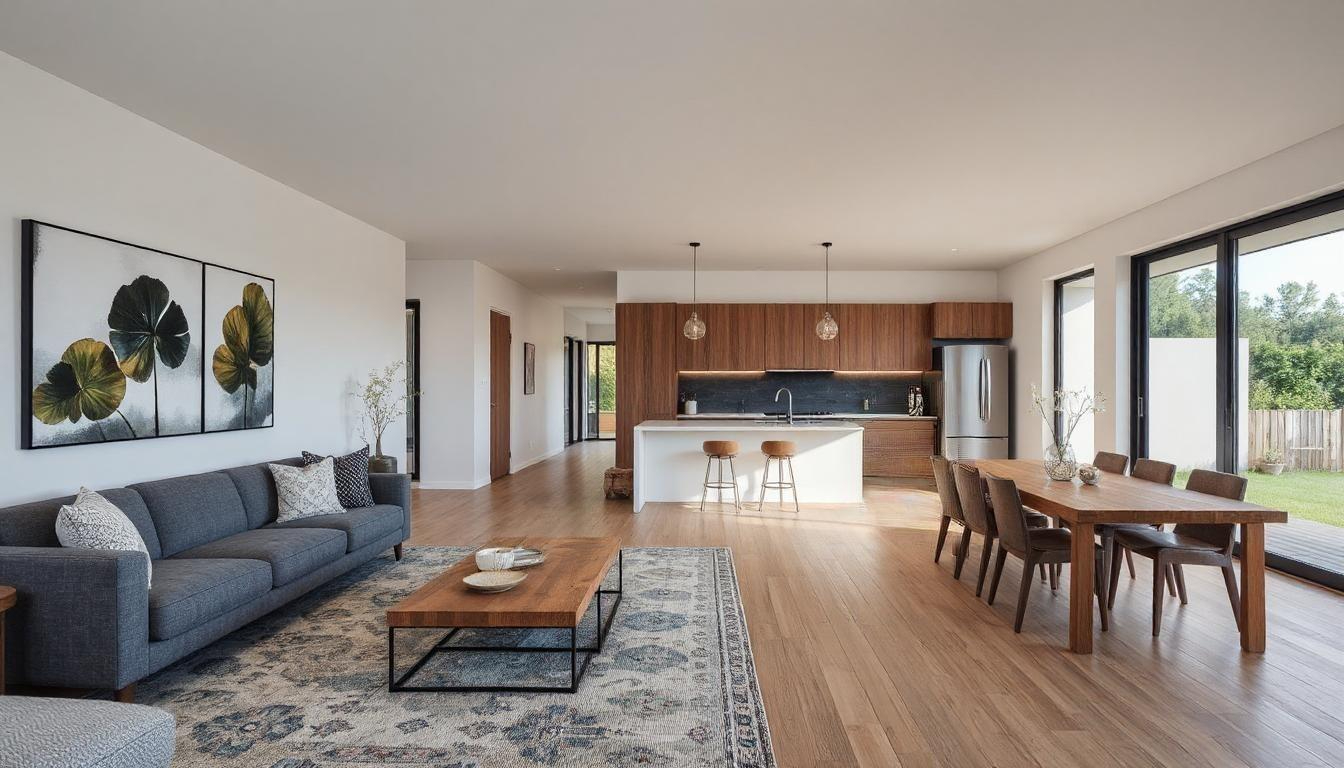Open-plan renovated New Zealand home showing cohesive design across kitchen, dining, and living areas