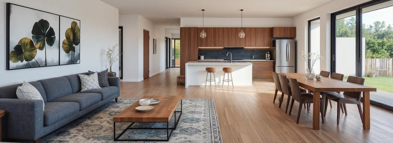 Open-plan renovated New Zealand home showing cohesive design across kitchen, dining, and living areas