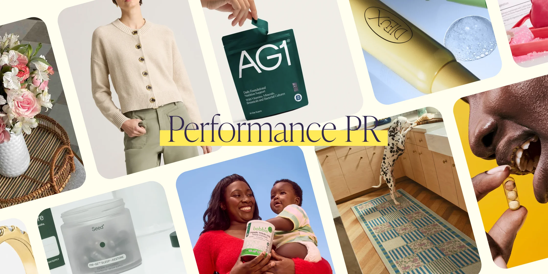 Collage of consumer products showcasing "Performance PR" concept with beauty items, food, supplements, and wellness products arranged in a grid with purple typography on a yellow highlight.