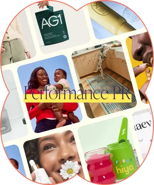 Collage of consumer products showcasing "Performance PR" concept with beauty items, food, supplements, and wellness products arranged in a grid with purple typography on a yellow highlight.