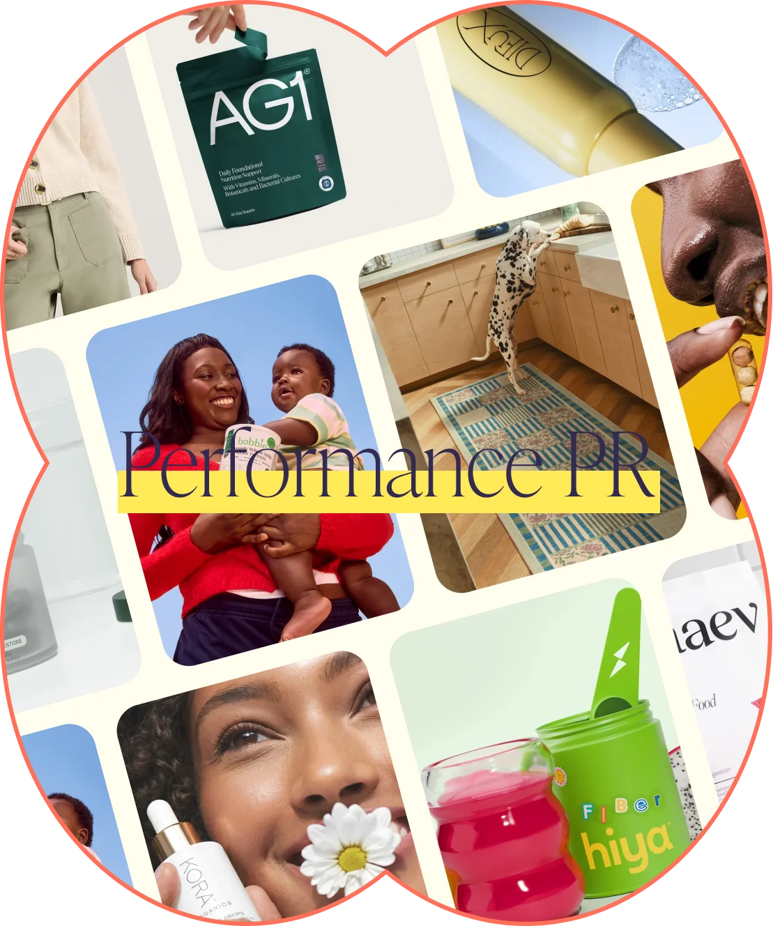 Collage of consumer products showcasing "Performance PR" concept with beauty items, food, supplements, and wellness products arranged in a grid with purple typography on a yellow highlight.