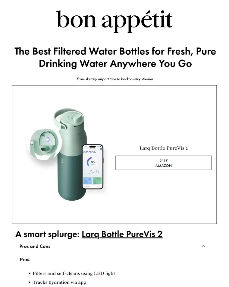 Bon Appétit feature showcasing the Larq Bottle PureVis 2 filtered water bottle with app hydration tracking, priced at $129 on Amazon.