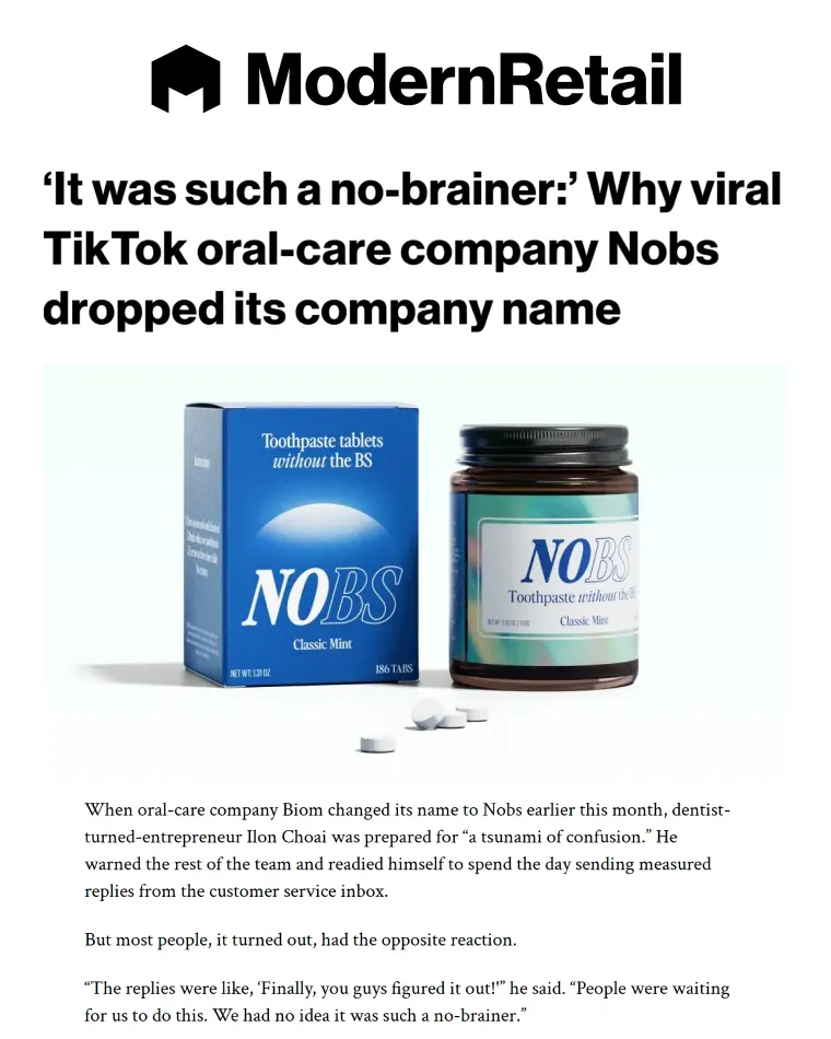 ModernRetail article headline about Nobs oral-care company dropping its name, with an image of NO BS Classic Mint toothpaste tablets box, jar, and tablets.