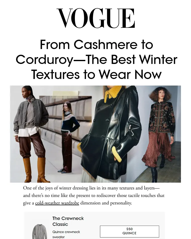 Vogue magazine feature titled 'From Cashmere to Corduroy—The Best Winter Textures to Wear Now' with images of models wearing textured winter clothing including knit sweaters, leather coats, and embroidered jackets.