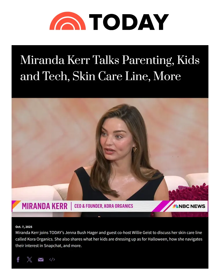 Miranda Kerr speaking on the TODAY show with a caption about parenting, kids, tech, and her skin care line Kora Organics.