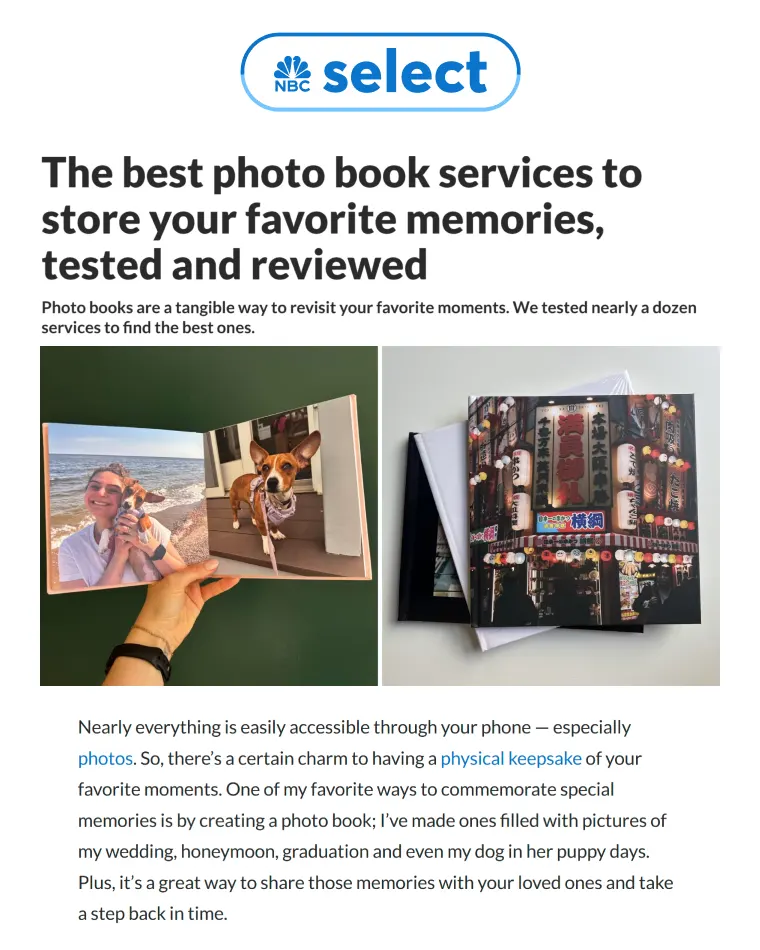 An NBC Select article titled 'The best photo book services to store your favorite memories, tested and reviewed' featuring images of photo books, one open showing pictures of a woman and a dog on a beach, and two stacked photo books with colorful covers.