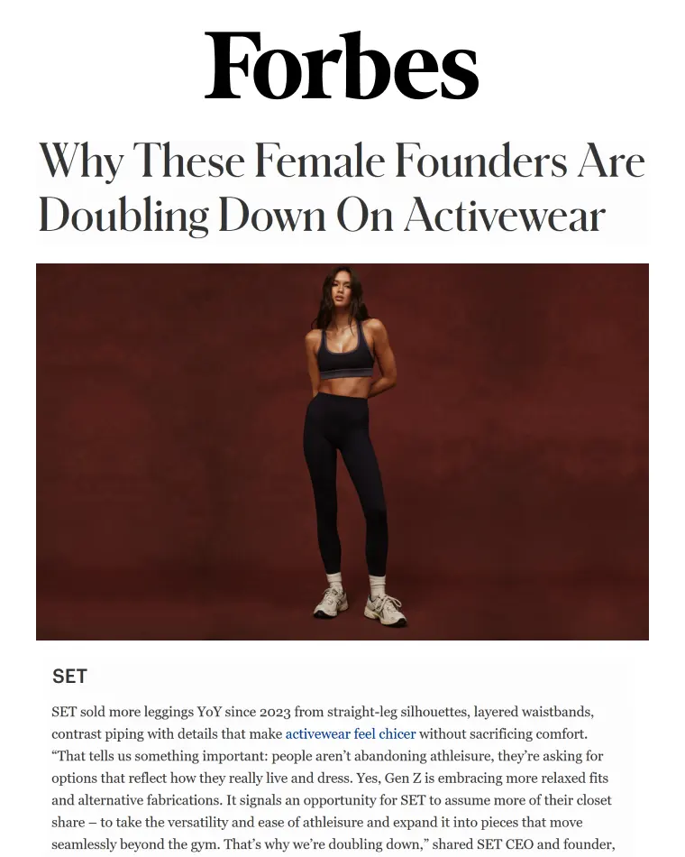 Forbes article titled 'Why These Female Founders Are Doubling Down On Activewear' with an image of a woman in black activewear standing against a dark brown background.