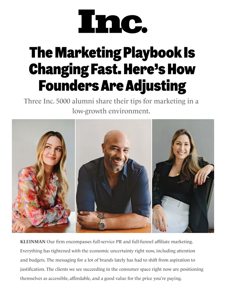 Inc. logo with headline about marketing changes and photos of three smiling professionals sharing marketing tips.