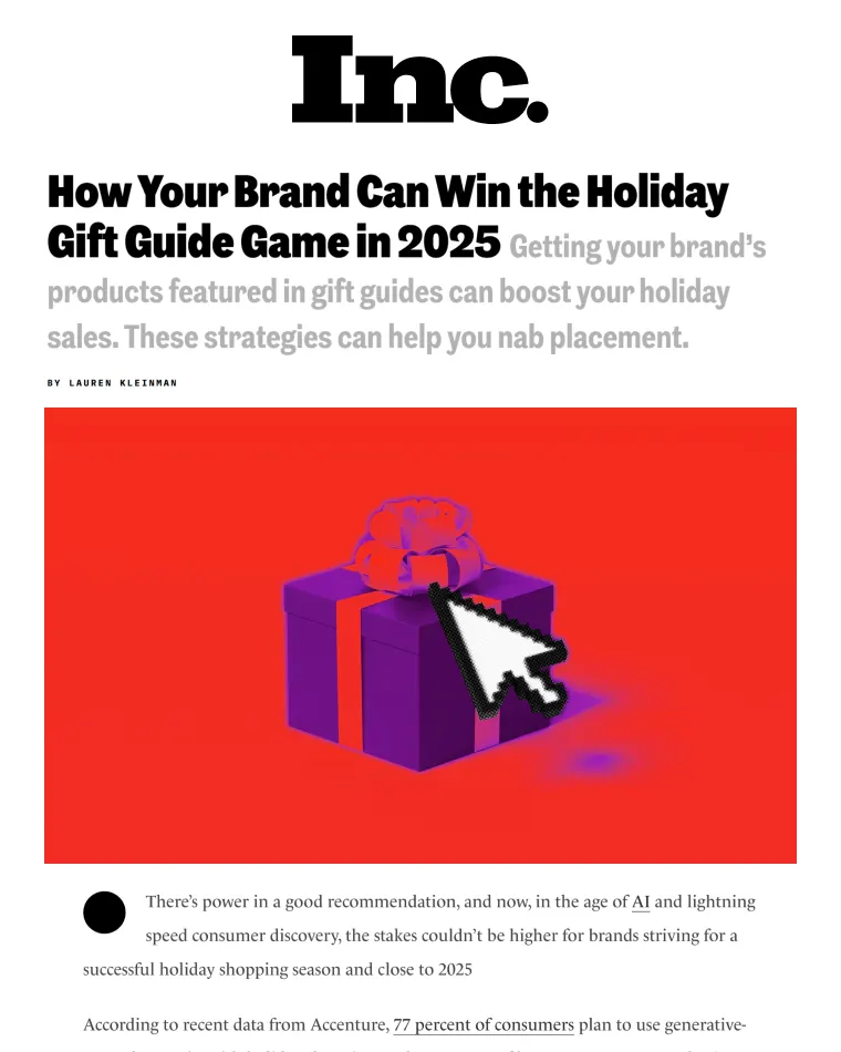 Inc. article titled 'How Your Brand Can Win the Holiday Gift Guide Game in 2025' with an illustration of a purple gift box with a red ribbon and a large computer cursor on a red background.