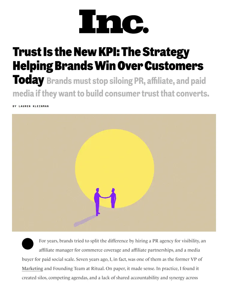 Inc. magazine article titled 'Trust Is the New KPI: The Strategy Helping Brands Win Over Customers Today' with illustration of two purple figures shaking hands in front of a large yellow circle.