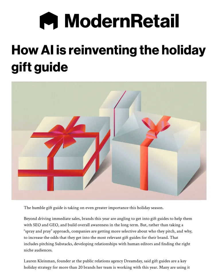 Modern Retail article titled 'How AI is reinventing the holiday gift guide' with an illustration of three white gift boxes wrapped with red ribbons.
