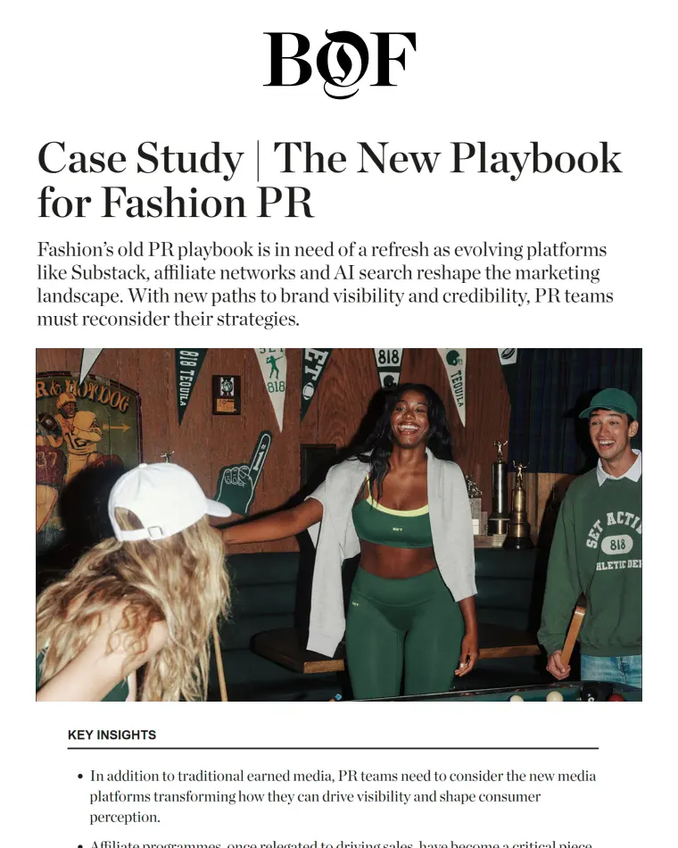 BOF case study titled 'The New Playbook for Fashion PR' with a photo of three friends playing pool in a casual bar setting.
