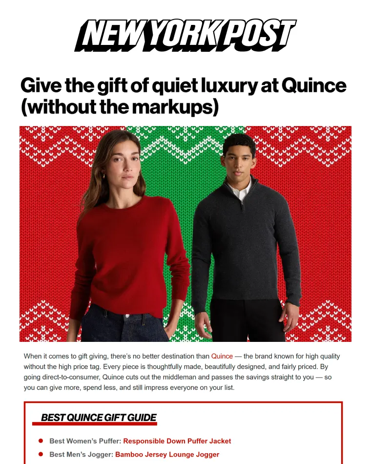 New York Post advertisement featuring a woman in a red sweater and a man in a dark gray pullover standing against a knit-patterned red and green background, promoting Quince luxury gift items.