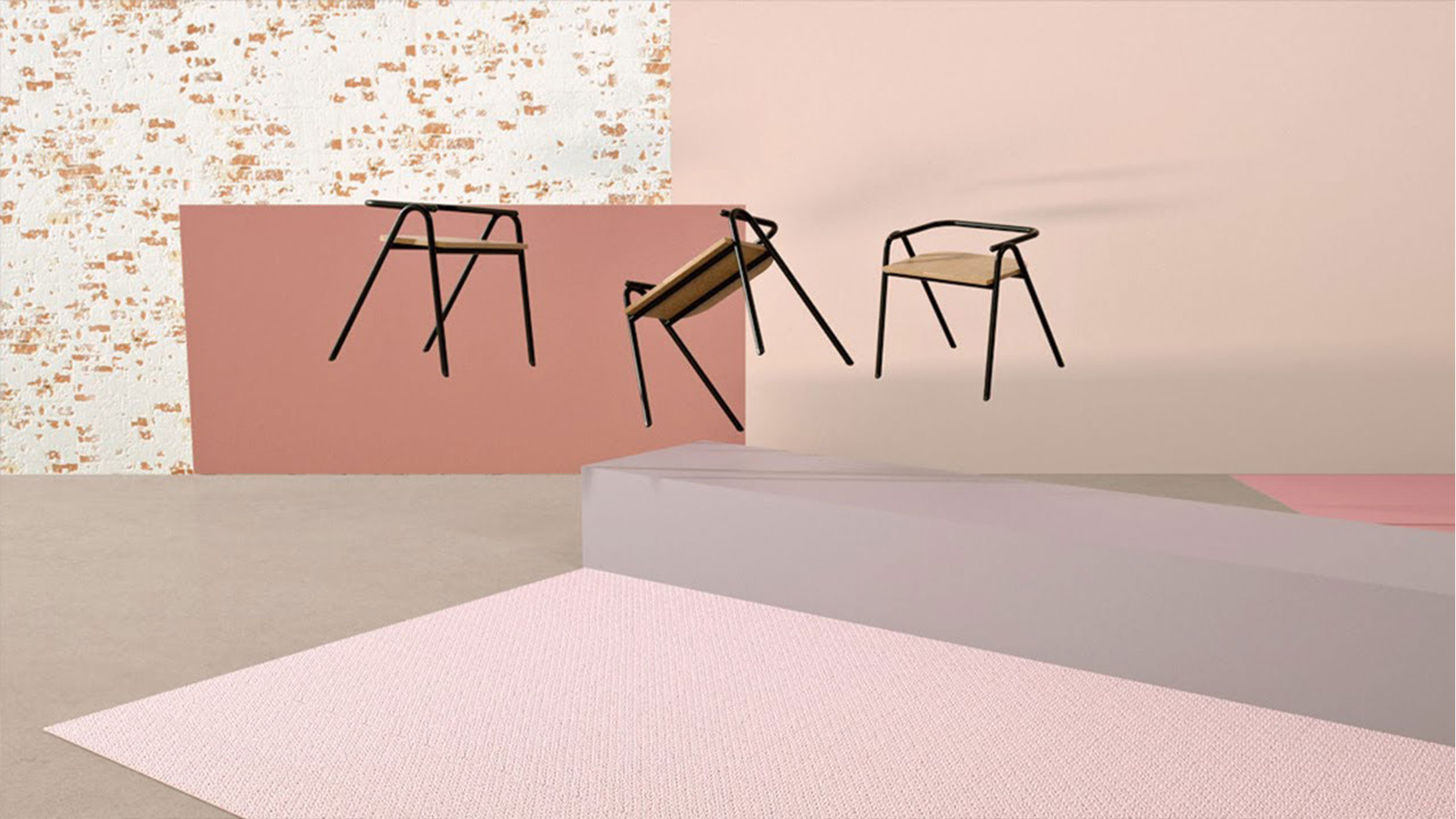 Dowel Jones chairs floating in space in a surreal landscape