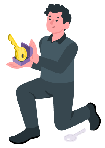 Illustration of man kneeling to propose with a key inside a ring box.