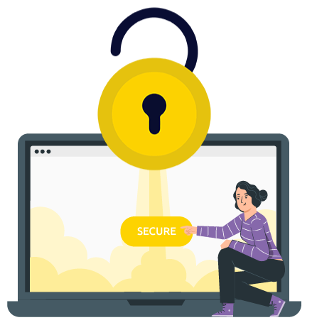 Illustration of Woman and Laptop with Marty Locks Lock Icon