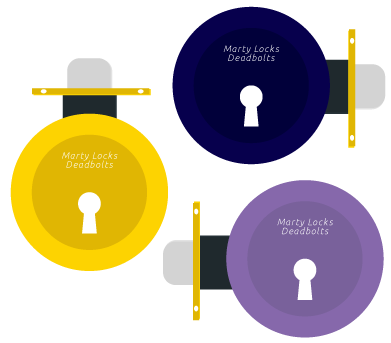 Illustration of deadbolts in blue, yellow & purple