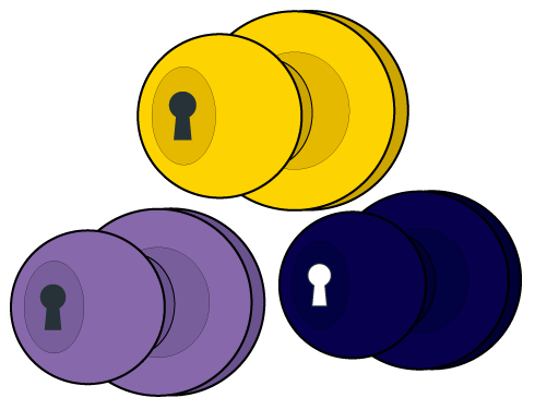 Illustration of multiple Marty Locks doorknobs in yellow, blue & purple.