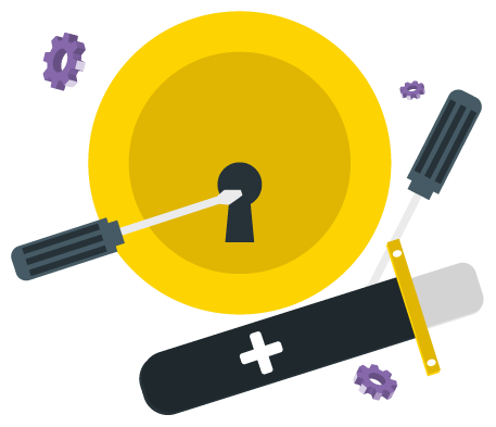 Illustration of multiple Marty Locks doorknobs in yellow, blue & purple.