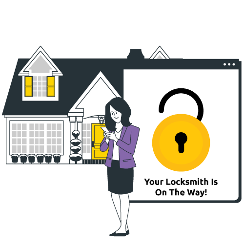 Illustration of woman calling a locksmith for a lockout.