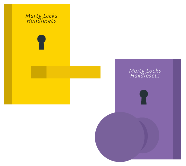 Marty Locks Purple and Yellow Handleset with lever and purple handleset with knob.