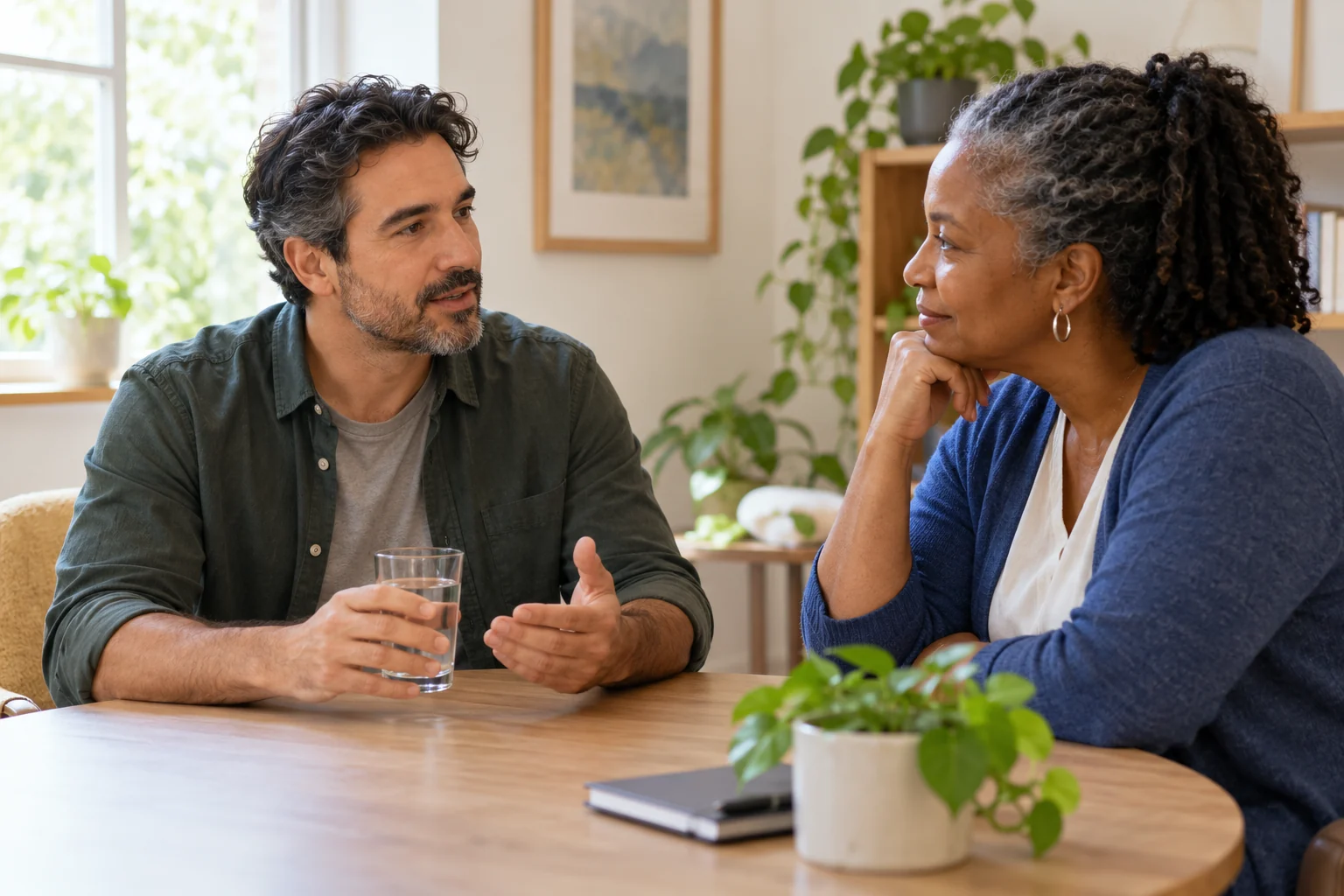 Deux adultes discutent à une table dans un espace de consultation.