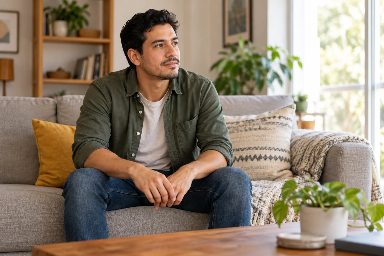 An adult sits in a living room during a quiet break.