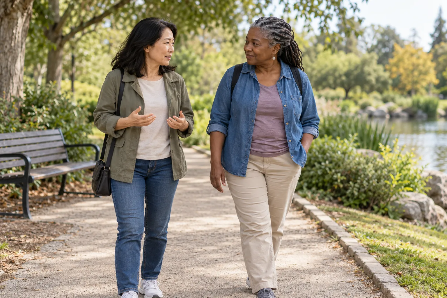 Two adults talk while walking along a park path.