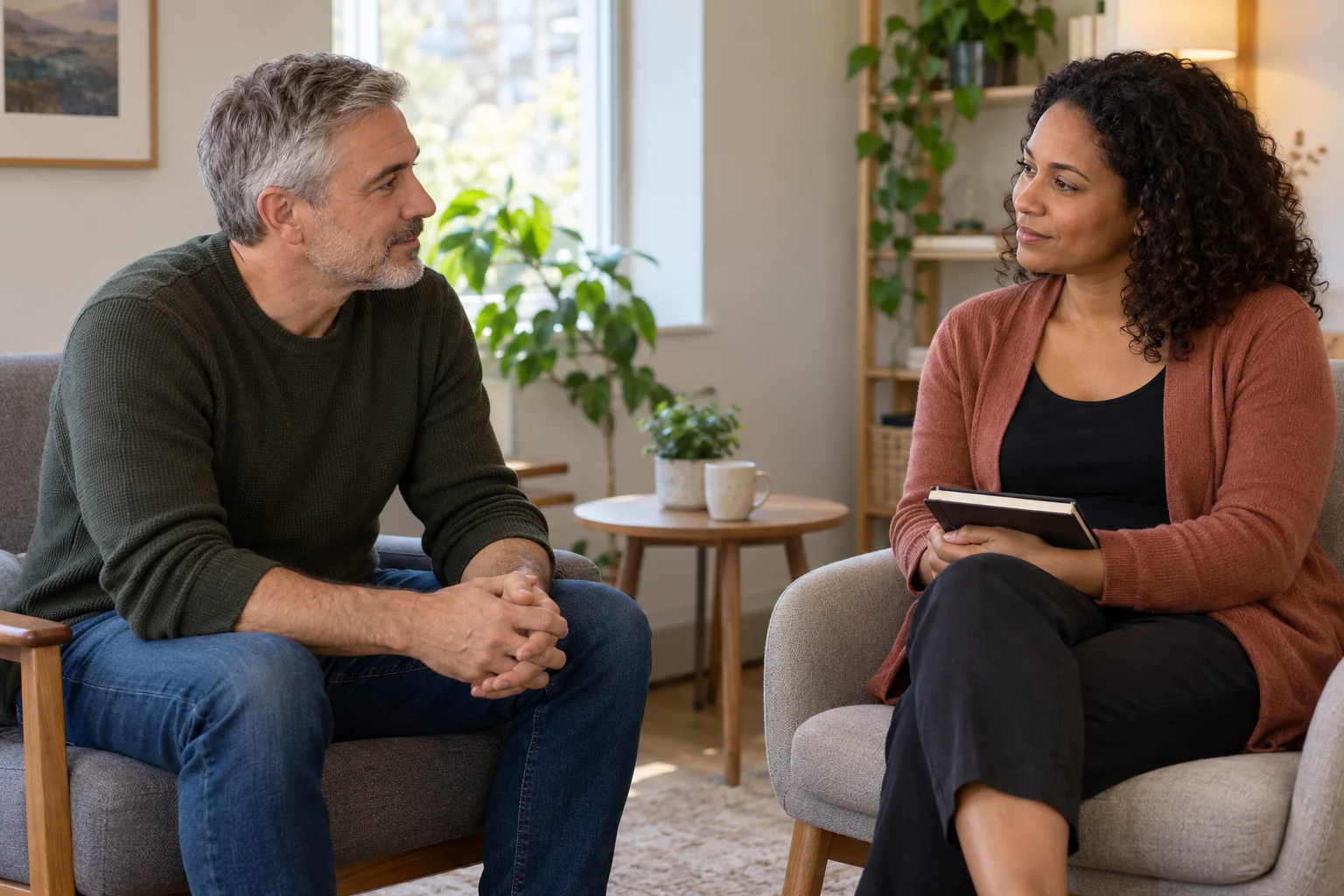 Deux adultes échangent assis dans un espace de consultation.