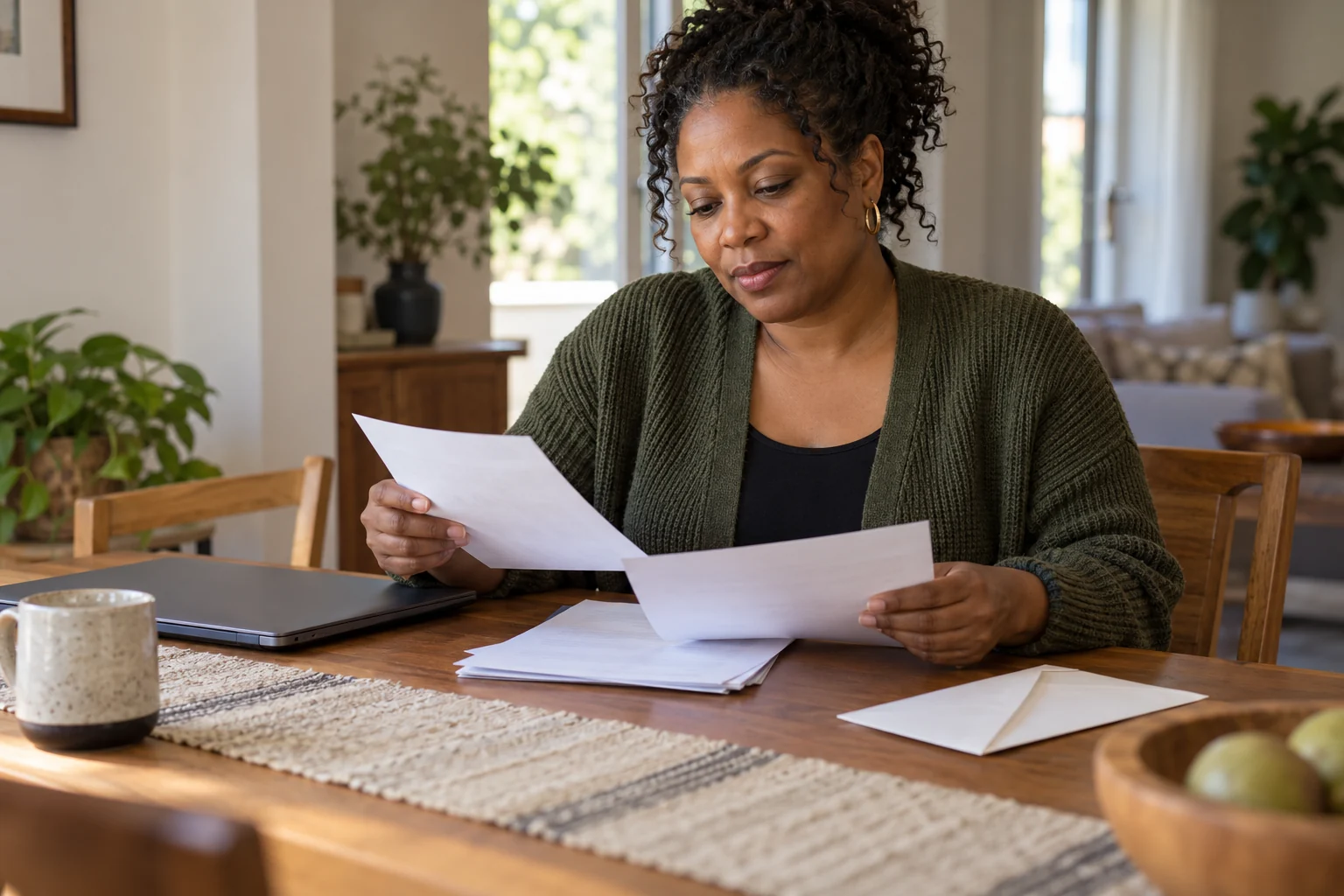 Une adulte trie des documents et une enveloppe sur une table.