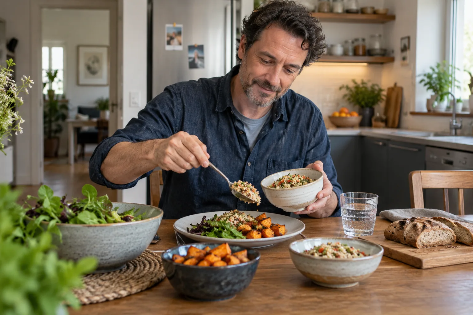 Un adulte prépare une assiette à partir de plats posés sur une table.