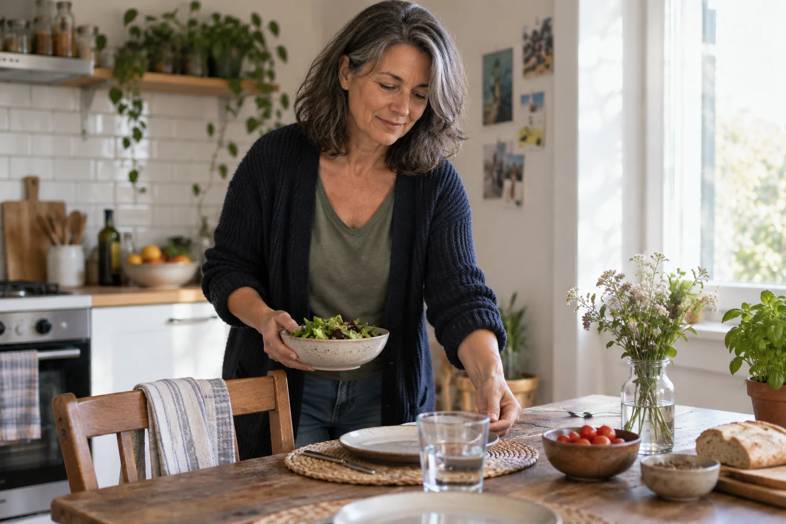 Une adulte prépare une table pour un repas simple dans sa cuisine.