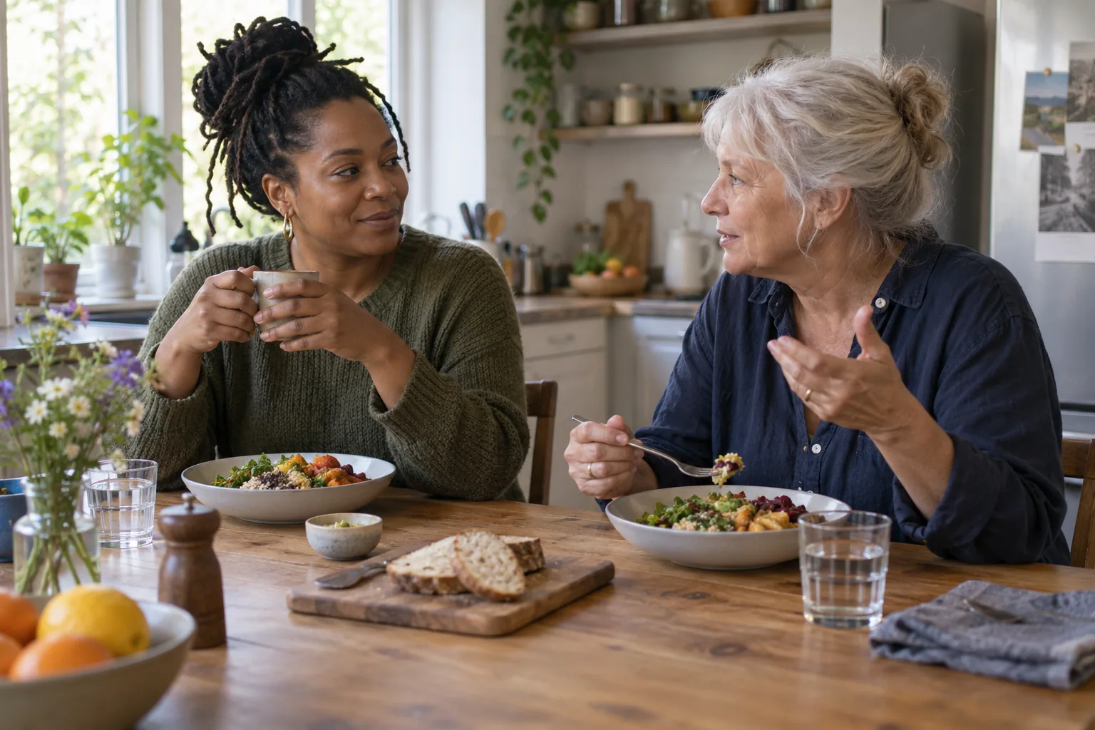 Deux adultes partagent un repas simple à une table de cuisine.
