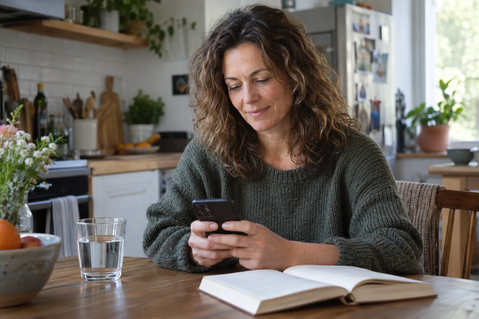 An adult looks at a smartphone while sitting at a kitchen table.