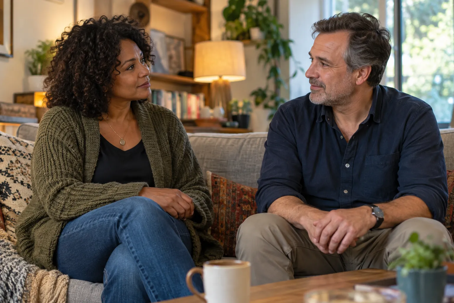 Two adults talk together on a sofa.
