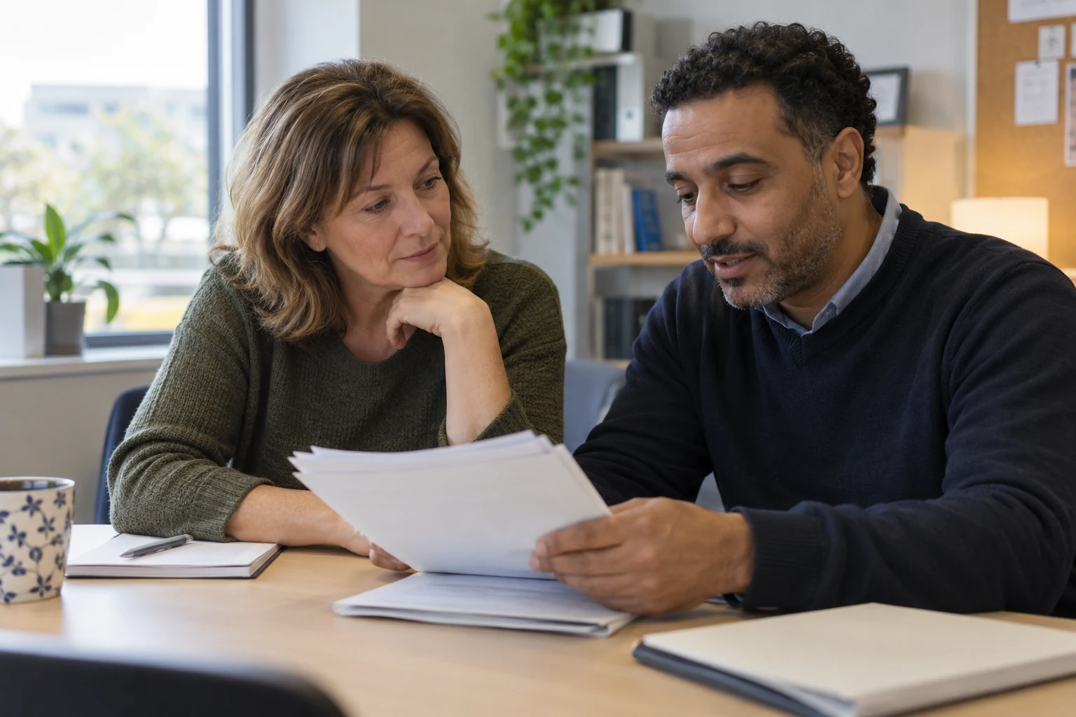 Deux adultes examinent des documents à une table.