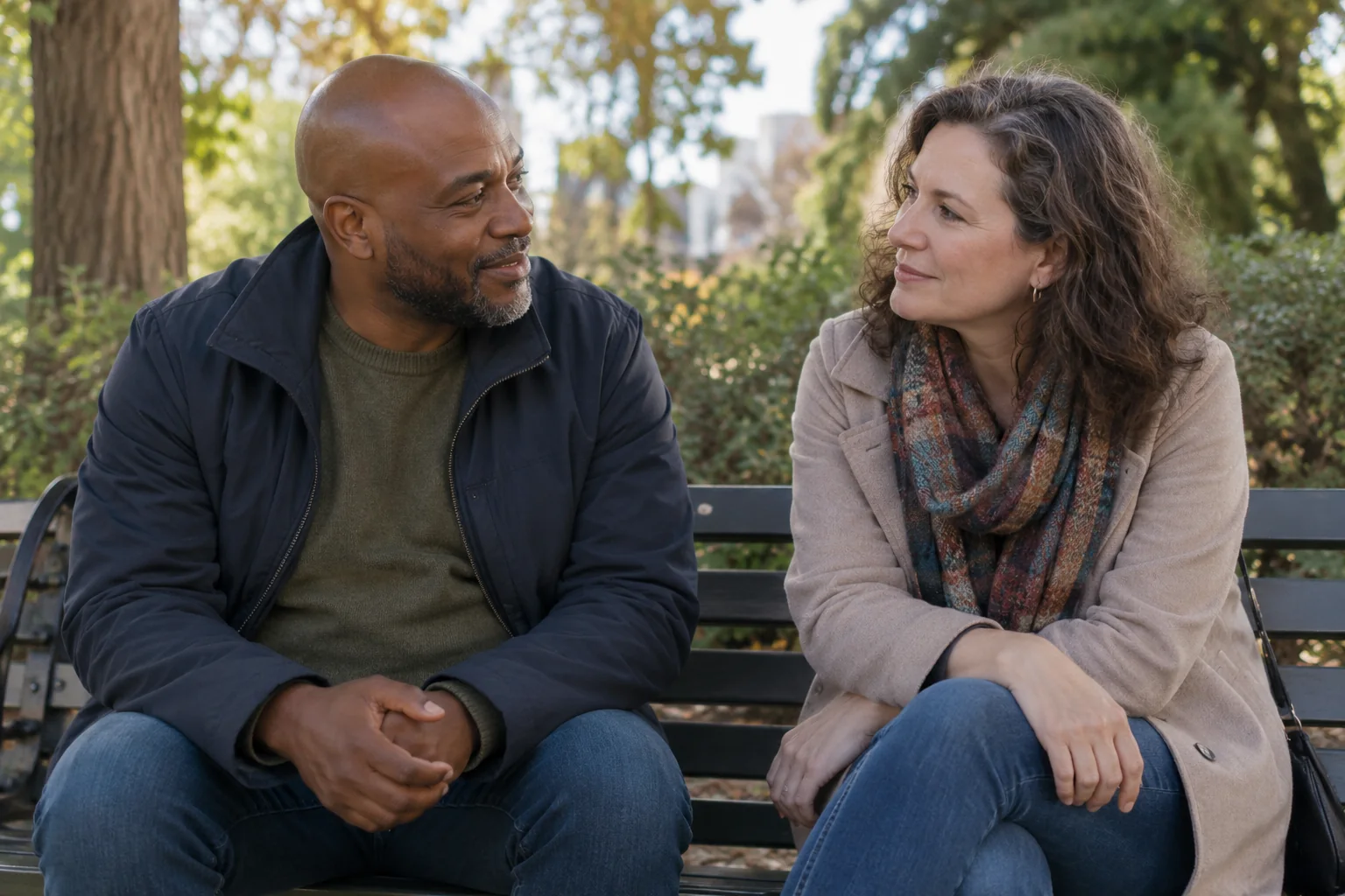 Two adults talk while seated on a park bench.