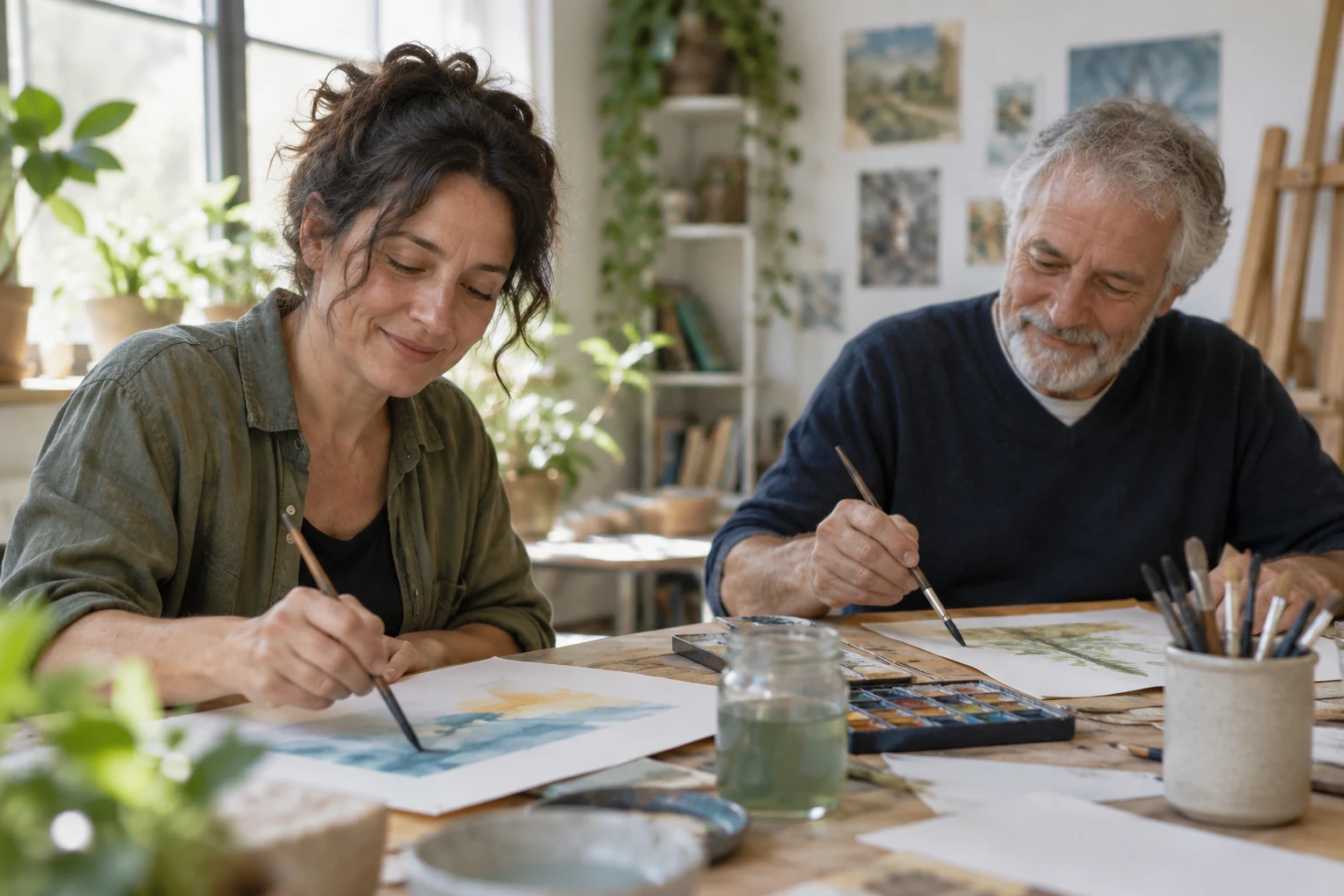 Deux adultes travaillent avec des pinceaux et du papier dans un atelier.