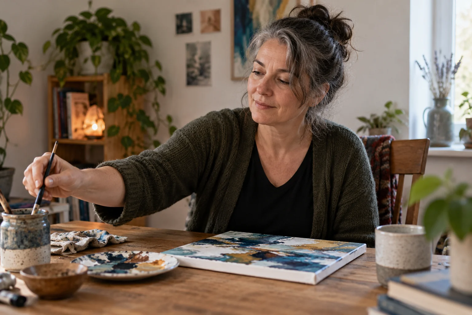 Un adulte rince un pinceau à côté d’une peinture en cours.