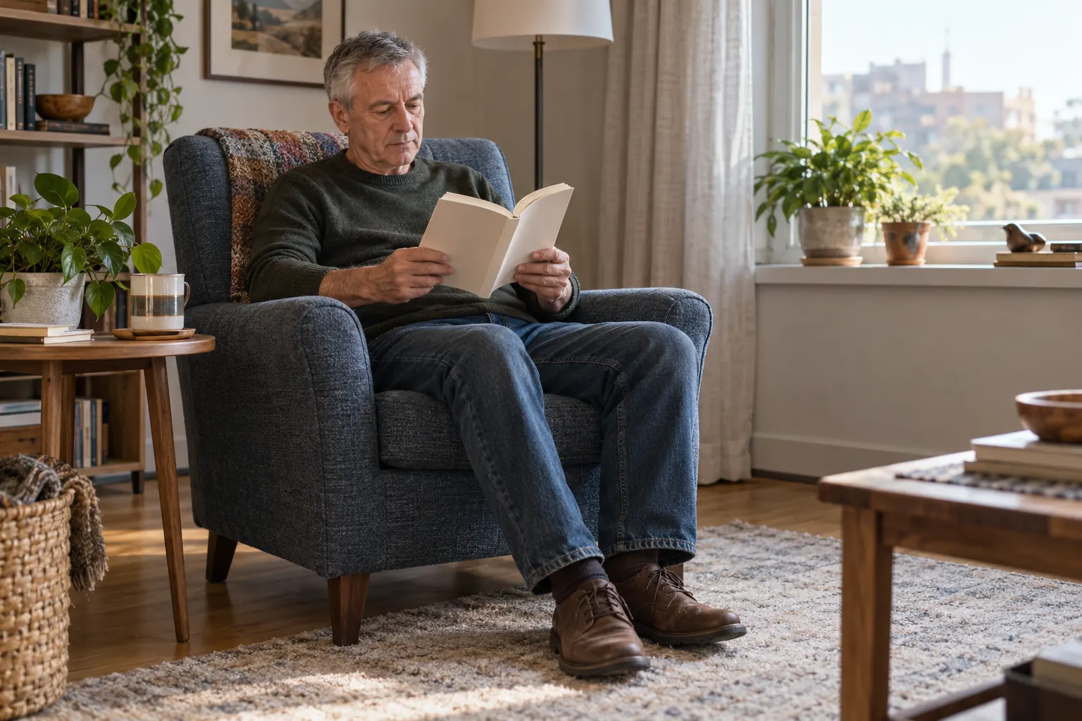 Un adulte lit un livre dans un fauteuil près d’une fenêtre.