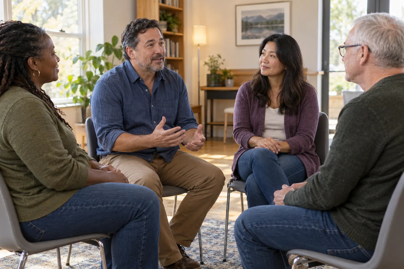 Four adults sit in a circle and talk in a bright community room.